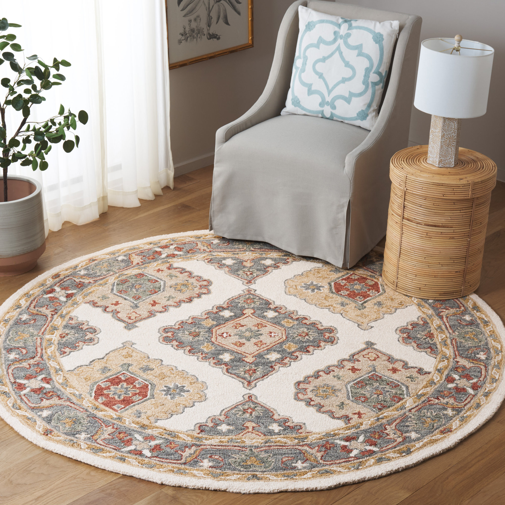 Nezira Hand Tufted Wool/Cotton Southwestern Rug in Gray/Ivory/Beige, Round 6'