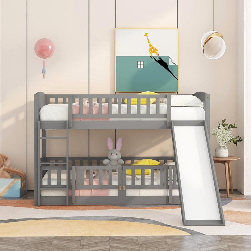 Lit superposé avec glissade, lit superposé bas avec clôture et échelle pour enfants adolescents, Gris