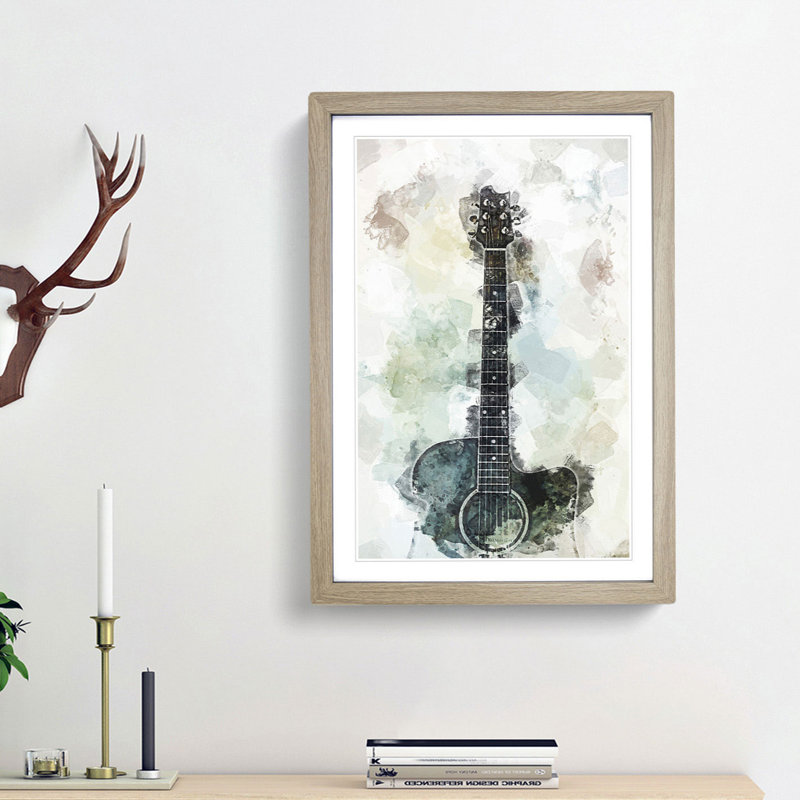 Acoustic Guitar in Abstract - Picture Frame Painting Print, 87cm H x 62cm W x 2cm D, Oak Framed