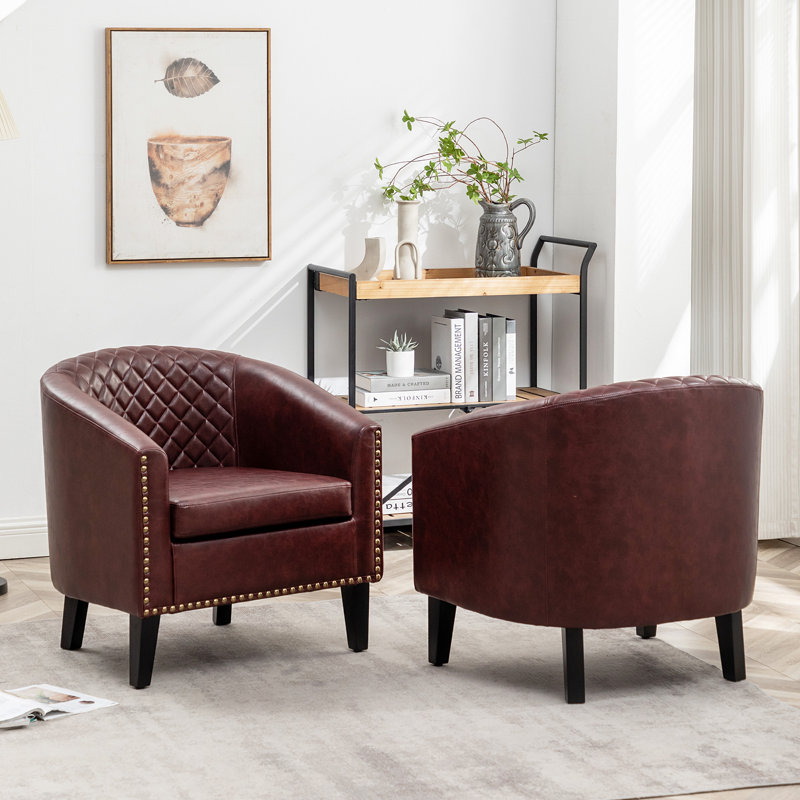 Boney 2- Piece 29" Wide Tufted Faux Leather Barrel Club Chair, Red Faux Leather