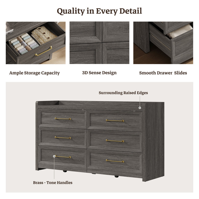56.4"W Modern 6-Drawer Dresser, Dark Gray Oak