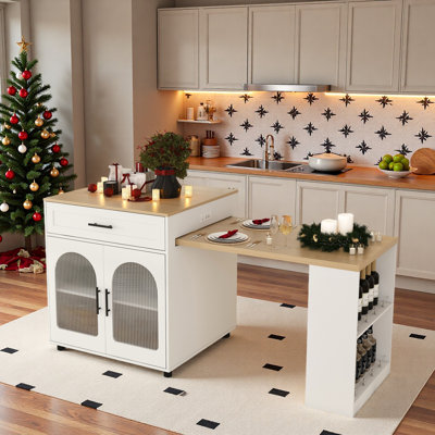 Expandable Kitchen Island With Dining Table, Power Outlet, 2 Drawers, Open Shelves And Movable Wheels