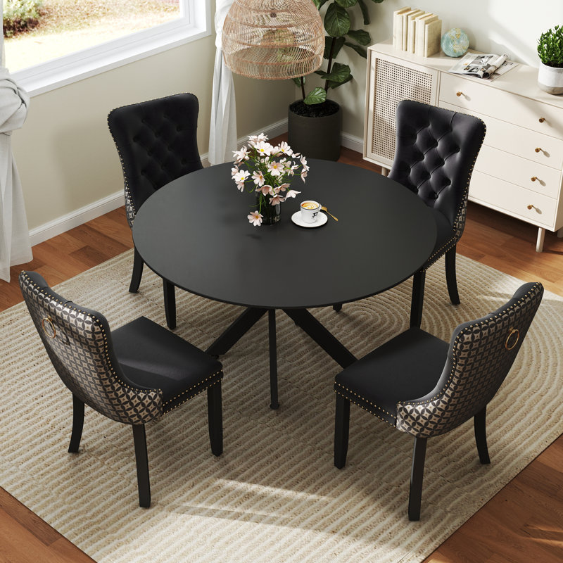 Ensemble de salle à manger rond en bois avec chaise capitonnée, Noir, Beige, Noir, noir, noir, noir