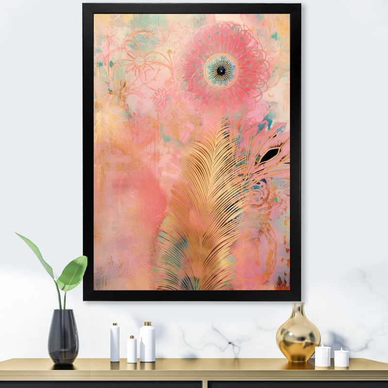 «Boho Glam Gold Feather», impression sur toile, H 32 po x l 16 po x P 1 po, Cadre simple noir