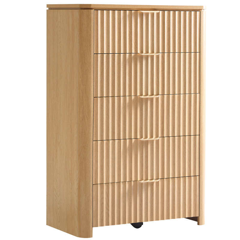 Commode haute Aaryahi de 115 cm (45,27 po), 5 tiroirs, chêne naturel, Chêne naturel