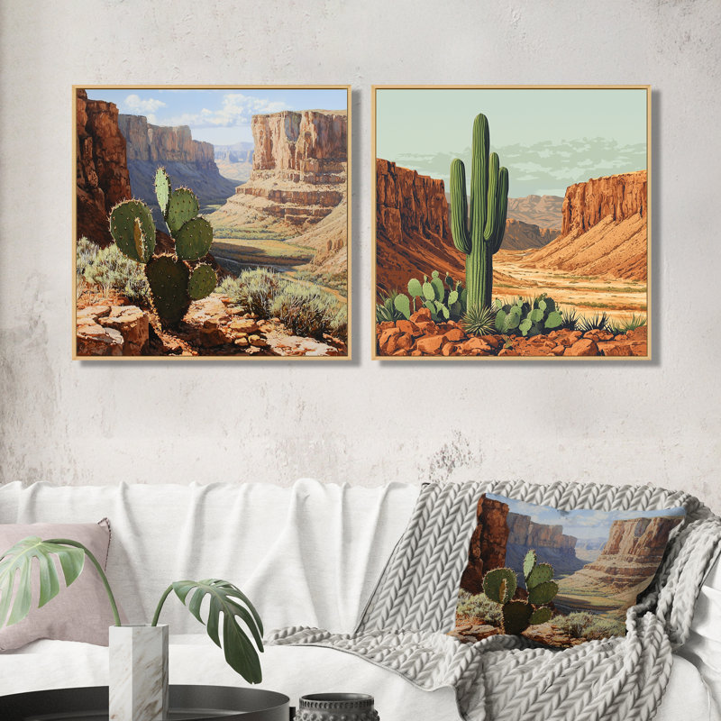 Cactus et le canyon en Arizona I - Art mural floral cactus - ensemble de 2 décorations murales traditionnelles, Crème, crème