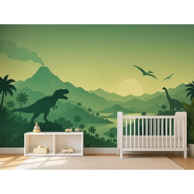 Dinosaur Valley Green Wallpaper Mural, Peel and Stick Kids Room Wall Mural, Layered Silhouette Landscape Nursery Wallpaper