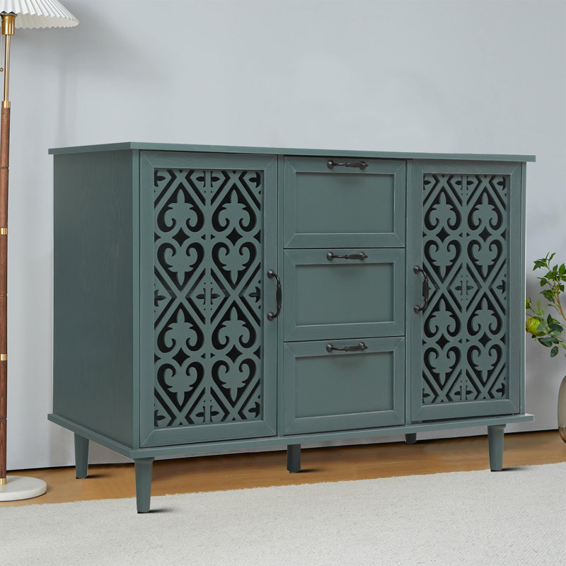 Buffet en bois avec 2 armoires et 3 tiroirs Larenda, Vert foncé