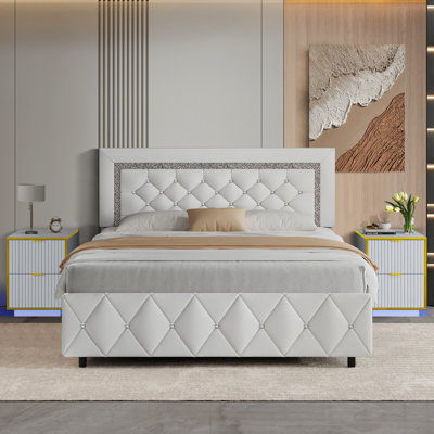 3 PC Faux Leather Diamond Tufted Platform Bed Set ,Bed Frame With Set Of 2 Modern Led End Table.