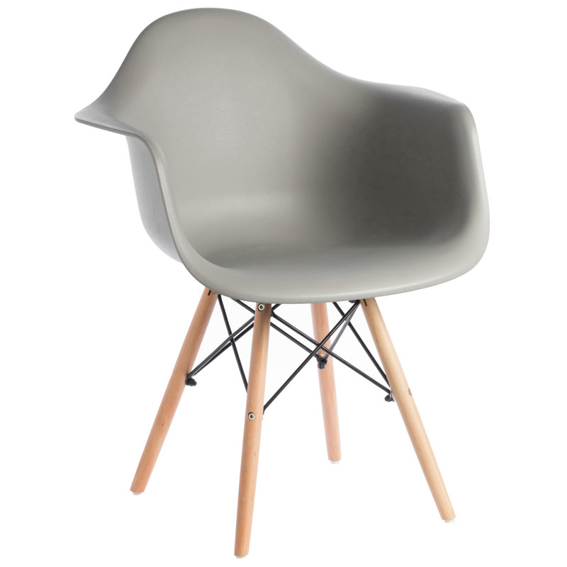 Gray Plastic Shell Dining Arm Chair with Wooden Legs