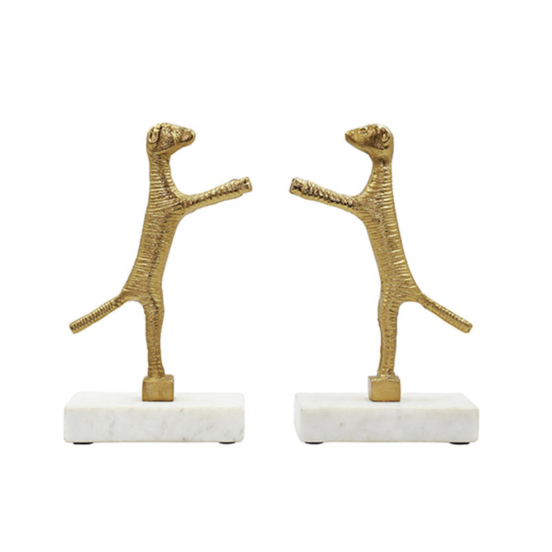 Pair Of Dog Bookends in Brass Finish on White Marble Base