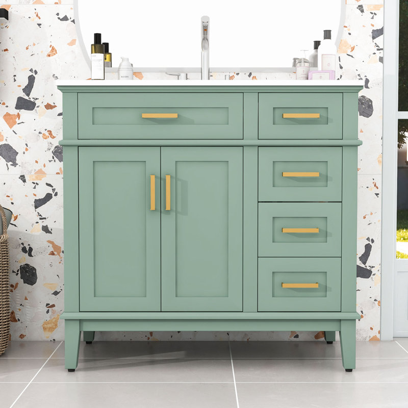 Meuble-lavabo simple autoportant en bois moderne avec lavabo en céramique et grand rangement, Vert clair