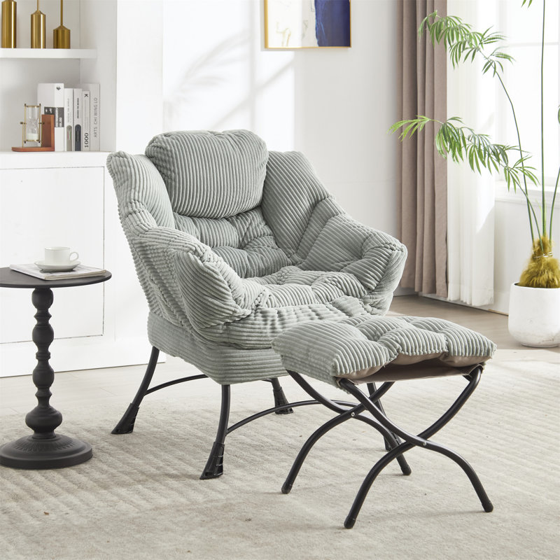 Modern Soft And Comfortable Accent Chair With Ottoman, Armrests And Side Pocket For Small Spaces, Light Green Corduroy