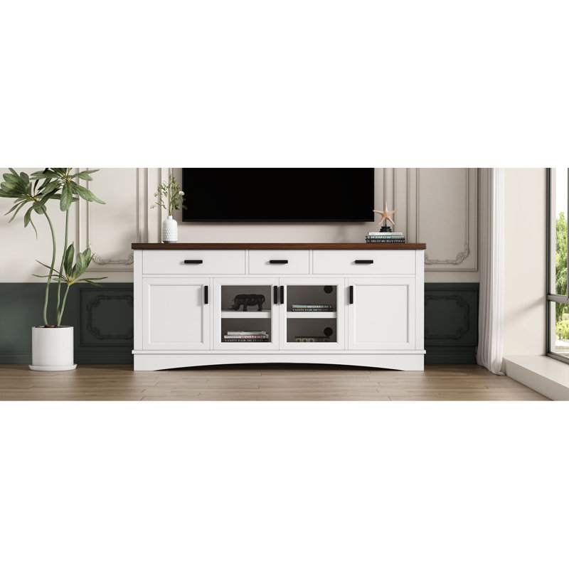 Élégante console de télévision avec tiroirs, espaces de rangement et une grande surface pour la décoration du salon