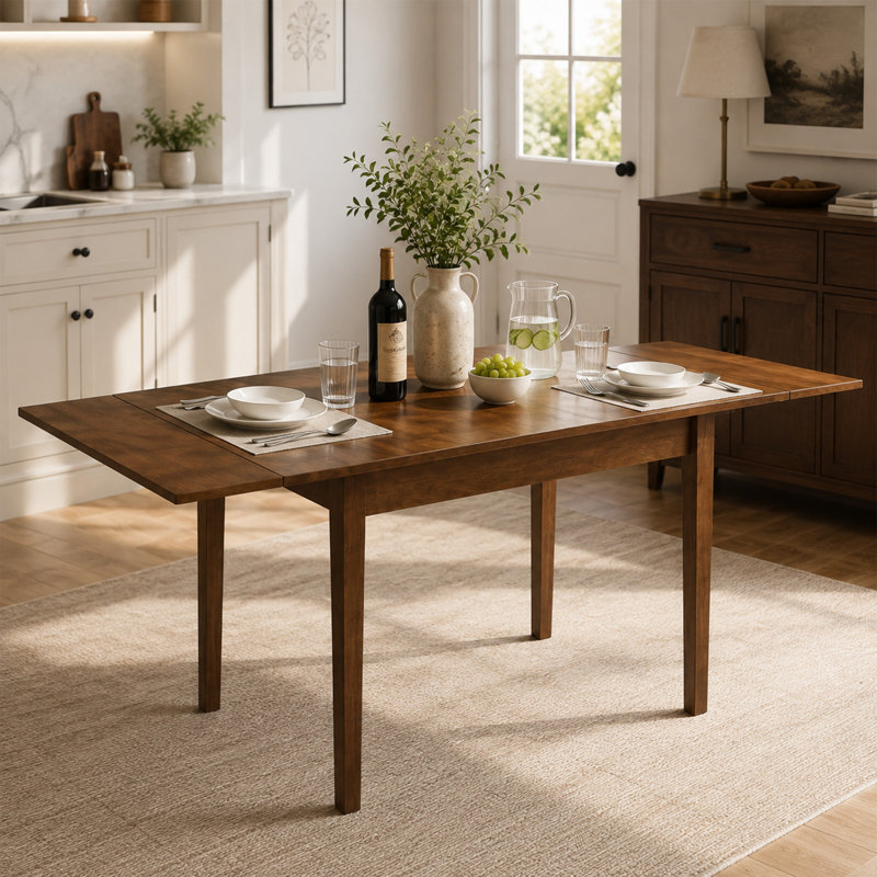 Extendable Dining Table, Rectangular Drop Leaf Table with Solid Wood Legs, Walnut Expandable Kitchen Table for Small Spaces