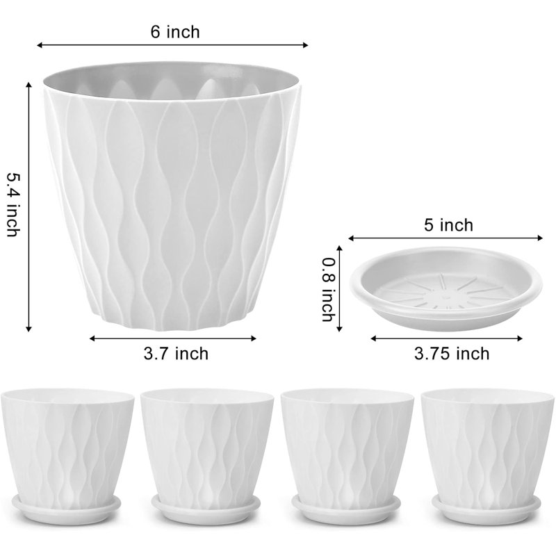 6" White Planters 5-pack With Drainage & Saucers