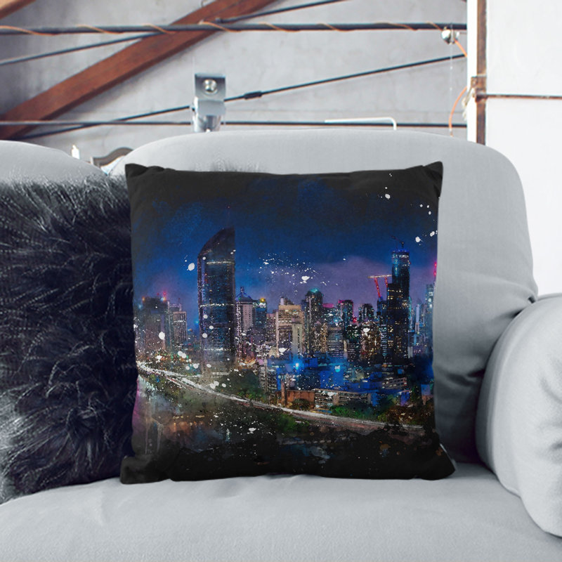 Brisbane City Skyline Australia Cushion with Filling, 55cm H x 55cm W x 20cm D, Stone