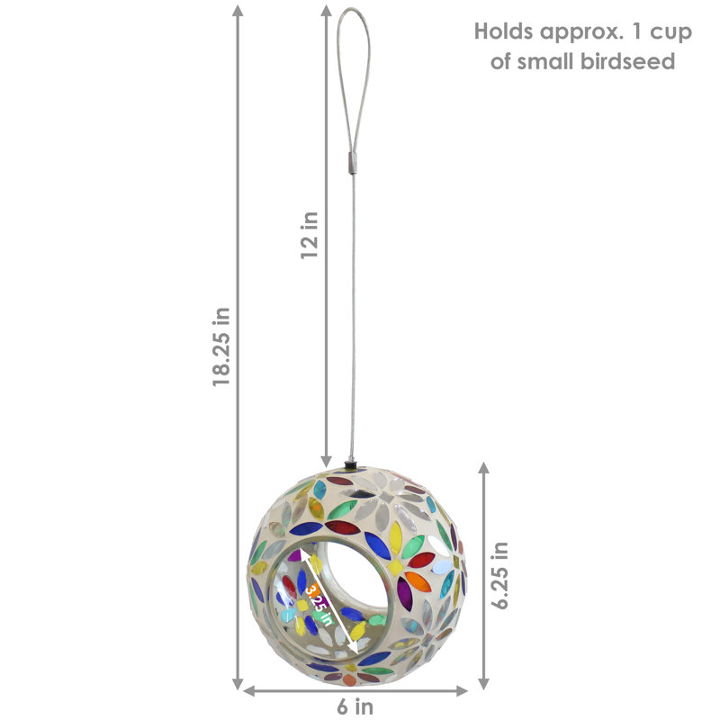 Mangeoire suspendue en verre mosaïque Huebner, capacité de 1 tasse - marguerites arc-en-ciel, Marguerites arc-en-ciel