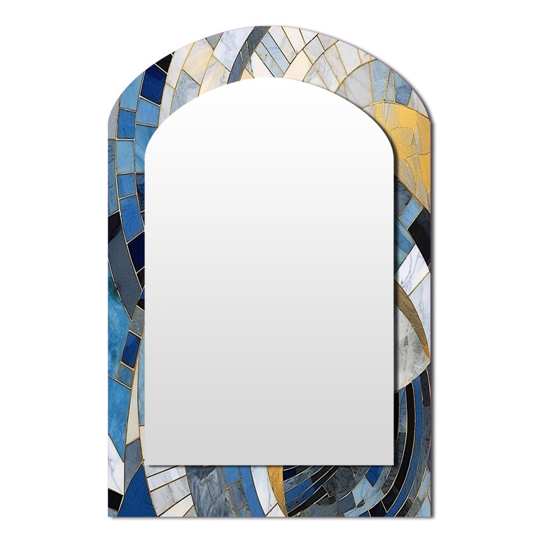 Gold Constructing Blue Realms I - Abstract Shapes Asymmetrical Decorative Mirror, Blue Arch Wall Mirror, Printed Metal Art