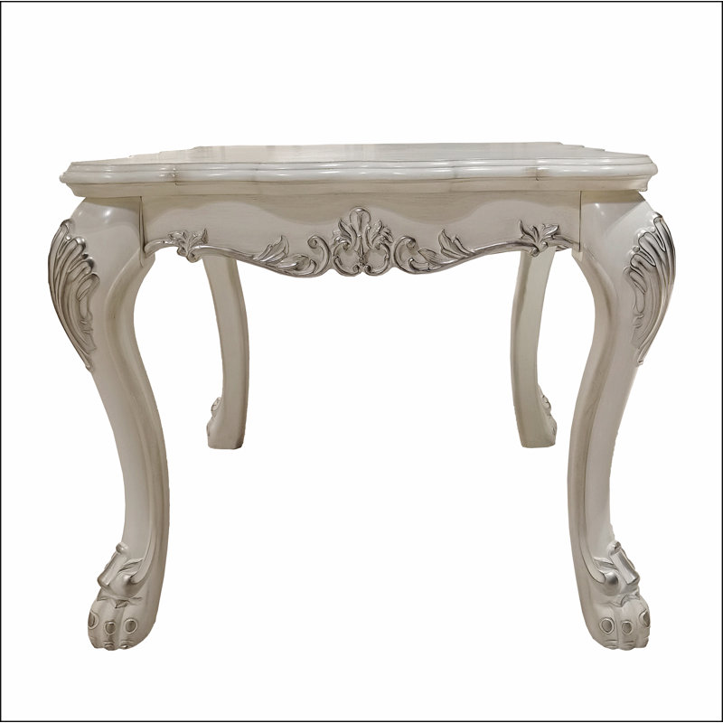 Bone White Square End Table with Intricate Carved Accents