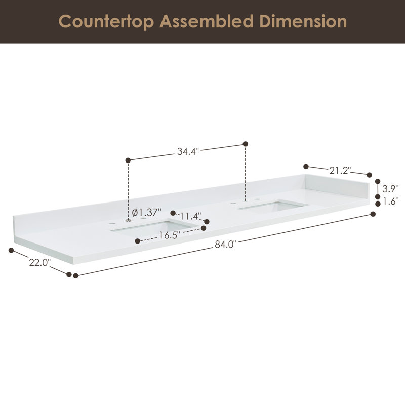 Altair Snow White 84" Engineered Stone Vanity Top with Ceramic Sinks