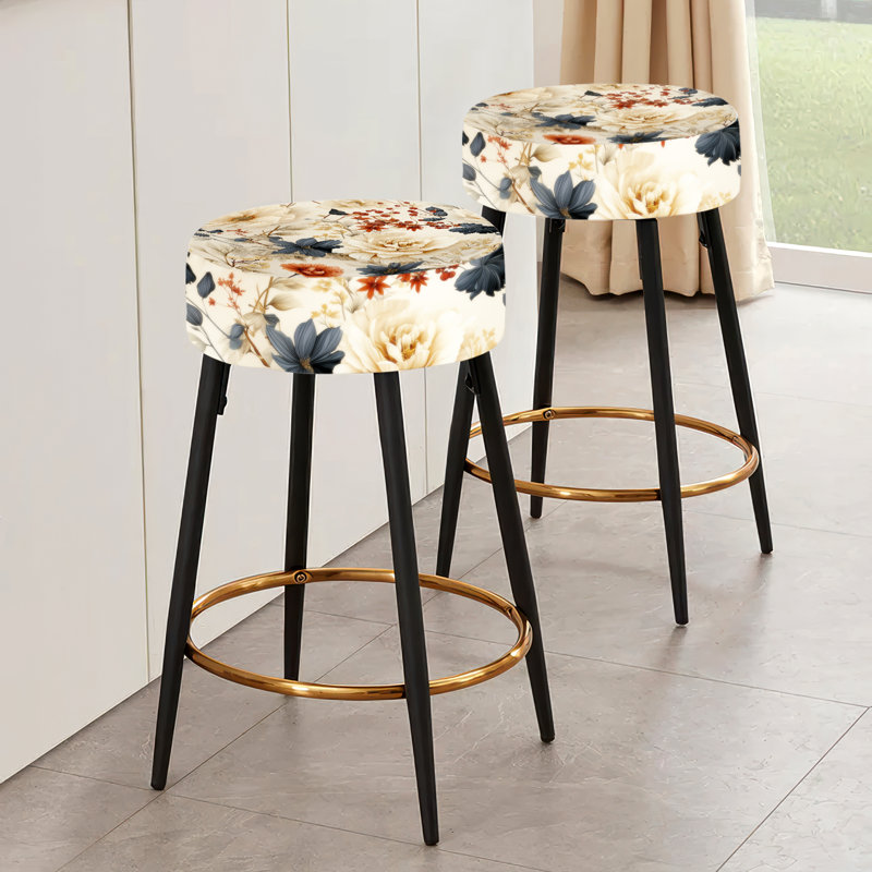 Ensemble de 2 tabourets de bar antiques avec pivoines beiges et bleues