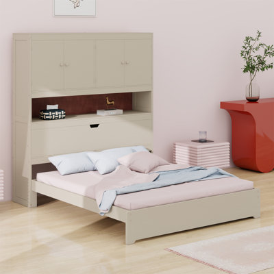 Lit plateforme en bois avec port USB, tête de lit et tiroirs de rangement