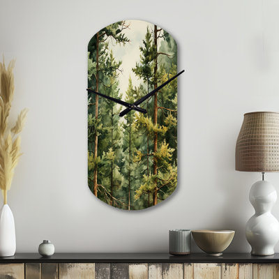 Pine Tree Symphony II - Pine Asymmetrical Metal Wall Clock, Green Cylinder Wall Clock Print