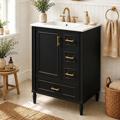 Meuble-lavabo moderne de 24 po avec lavabo en céramique, porte à fermeture en douceur, 3 tiroirs, poignées en métal et support de porte pour un rangement peu encombrant