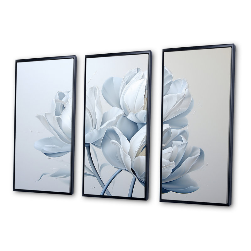 Minimalisme, tulipes bleues et blanches Brushstrokes II - ensemble de reproductions d'art mural tulipes, Cadre flottant noir