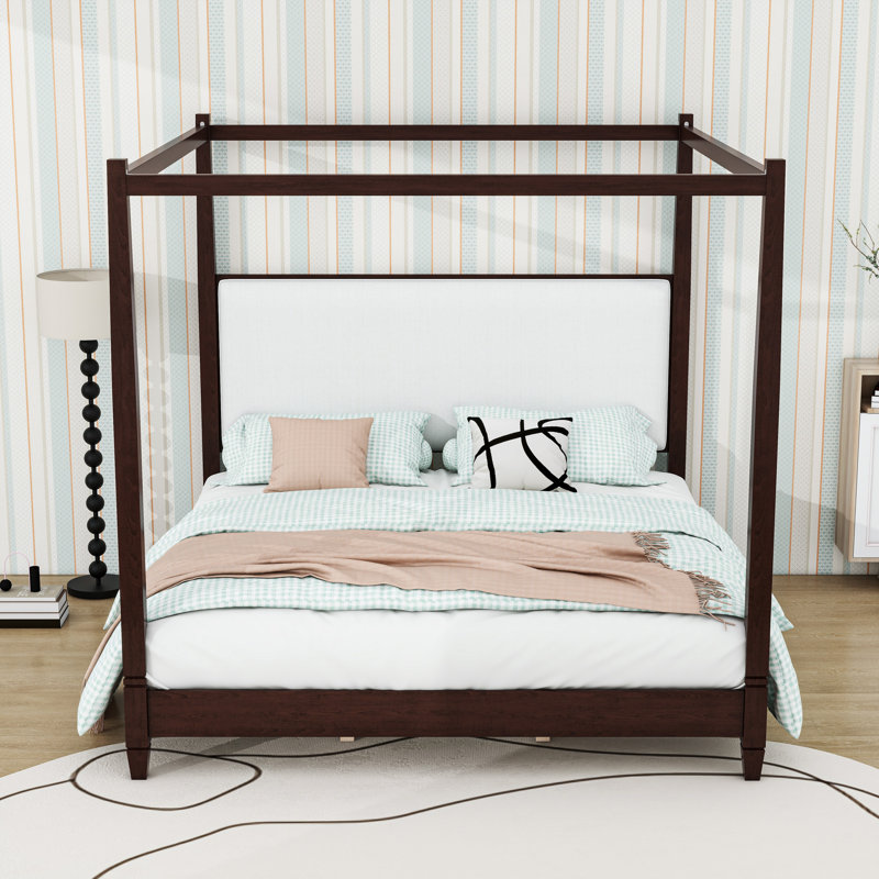 Lit plateforme à baldaquin en bois avec tête de lit tapissier, Très grand lit, Espresso
