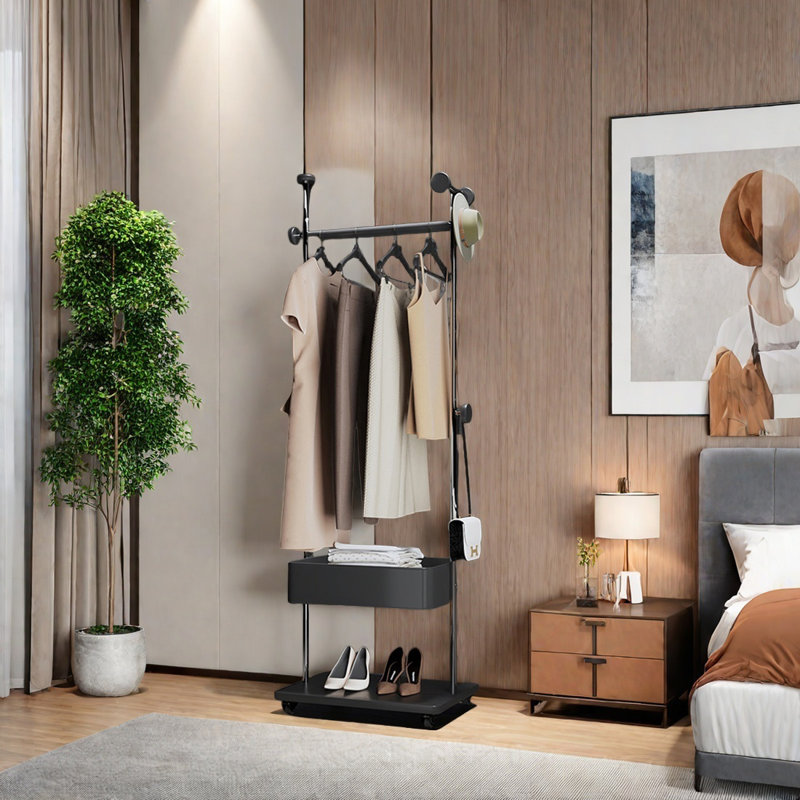Stainless Steel Coat Rack with Cherrywood Hooks, Black