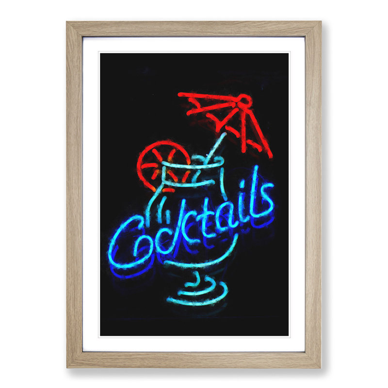 Cocktails Sign - Picture Frame Graphic Art, 65cm H x 48cm W x 2cm D, Oak Framed