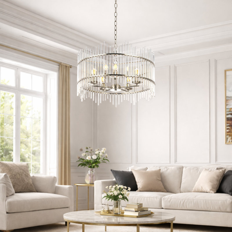 Eletto 5-Light Dimmable Glass Drum Chandelier, Nickel