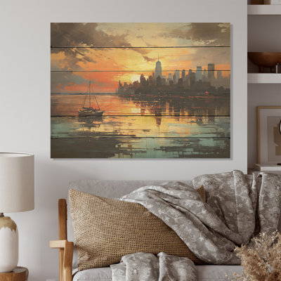Modernism Urban Skyline I - Sky Wood Art On Natural Pine Wood