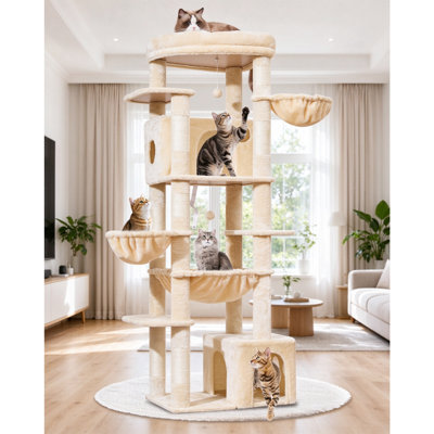 183cm Large Cat Tree Tower for Indoor Cats, with 7 Sisal Scratching Posts, 2 Cat Condos, Platform, 2 Hanging Baskets & Metal Hammock, Beige