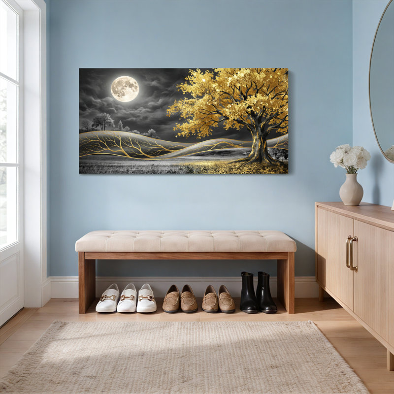 Ensemble de 1 tableau sur toile tendue représentant un paysage d'arbre doré et de lune, H 12 po x l 36 po