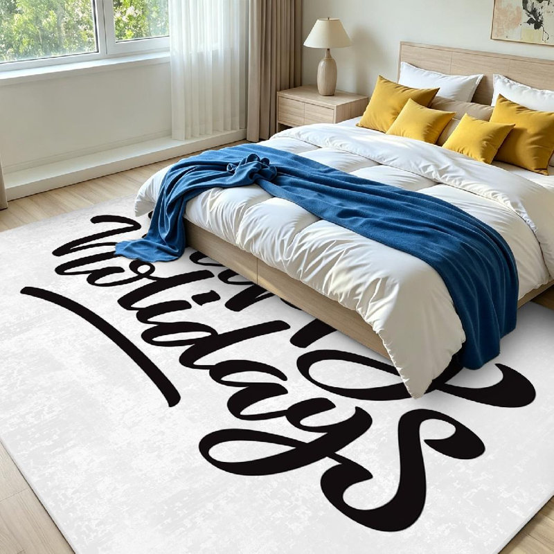Tapis intérieur noir lavable à la machine, motif « Joyeuses Fêtes » et pinceau à l'encre., Rectangle 71 po x 98 po