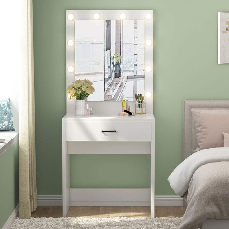 Ensemble coiffeuse avec miroir Omombo, Blanc
