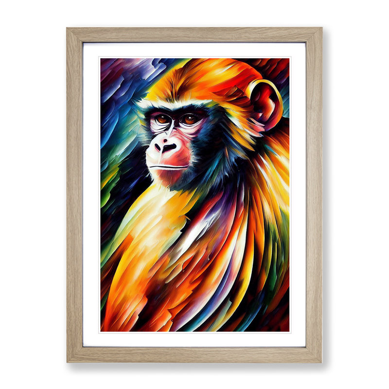 Monkey Portrait No.3 - Single Picture Frame Painting, Oak, 64cm H x 46cm W x 2cm D