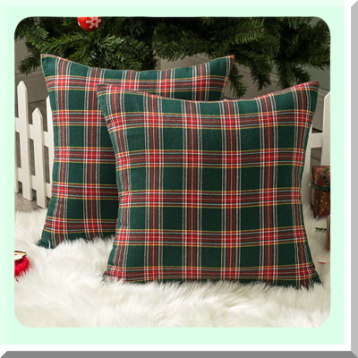 Plaid Farmhouse Holiday Pillow Covers - Set of 2 Scottish Tartan Cushion Cases in Red and Green - Decorative Home Accent