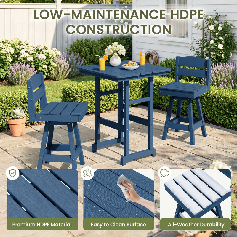 All-Weather HDPE Outdoor Swivel Bar Table and Chairs(3-Piece), Navy