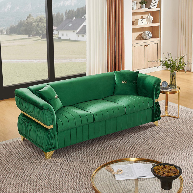 Canapé 3 places moderne en velours avec finitions dorées et accoudoirs incurvés, Green Velvet