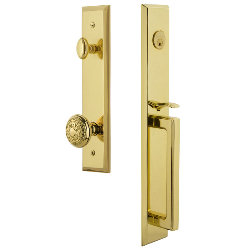 Ensemble de poignées une pièce Fifth Avenue avec pêne dormant cylindrique simple et poignée en D avec bouton Windsor, 2.75"