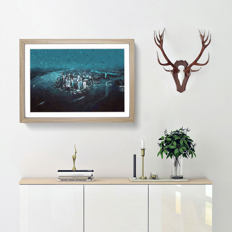 Skyline of New York at Night in Abstract - Picture Frame Graphic Art Print, 36cm H x 48cm W x 2cm D, Oak Framed