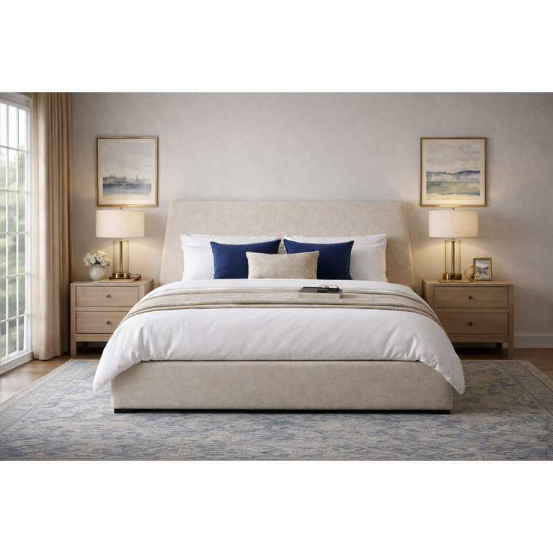 Lit plateforme tapissier avec rangement à hauteur relevable hydraulique 51,5 po Gerhart Luxlury, Très grand, Beige