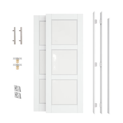 72" x 80" Interior French Door, 3-Lite Tempered Frosted Glass Doors without Jamb, complete Ball Catches & Satin Nickel Hinges & Handles, White Primed Paint‑Ready & Solid Core Door, Privacy & Frosted Glass