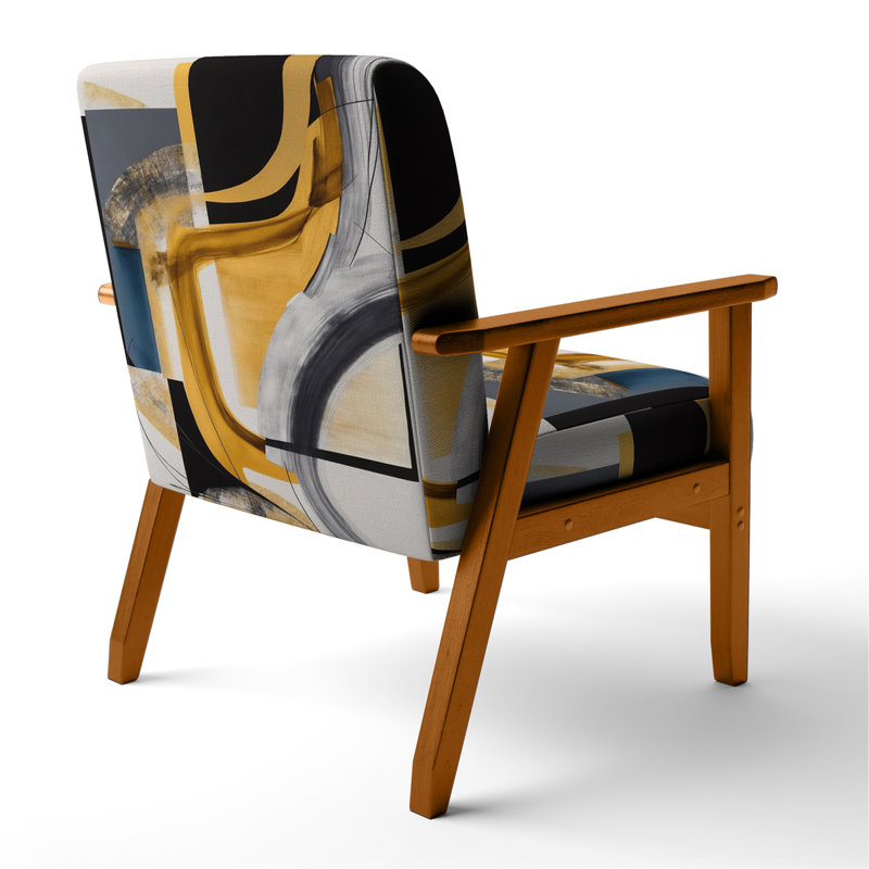 Fauteuil rembourré gris et jaune Kycia, Accoudoirs carrés bruns