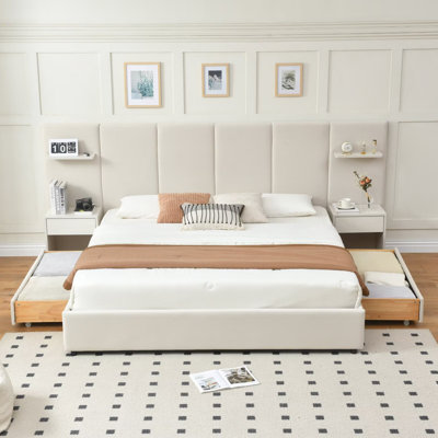 King Velvet Upholstered Platform Bed Frame with 2 Attached Nightstands & 2 Extra Large Drawers & Floating Shelves, No Box Spring Needed, Beige