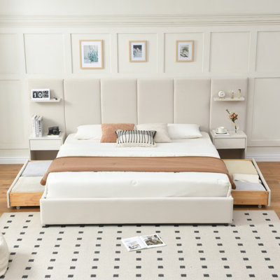 Tall Headboard Upholstered Platform Bed with Nightstands, Drawers & Floating Shelves, King, Beige Velvet